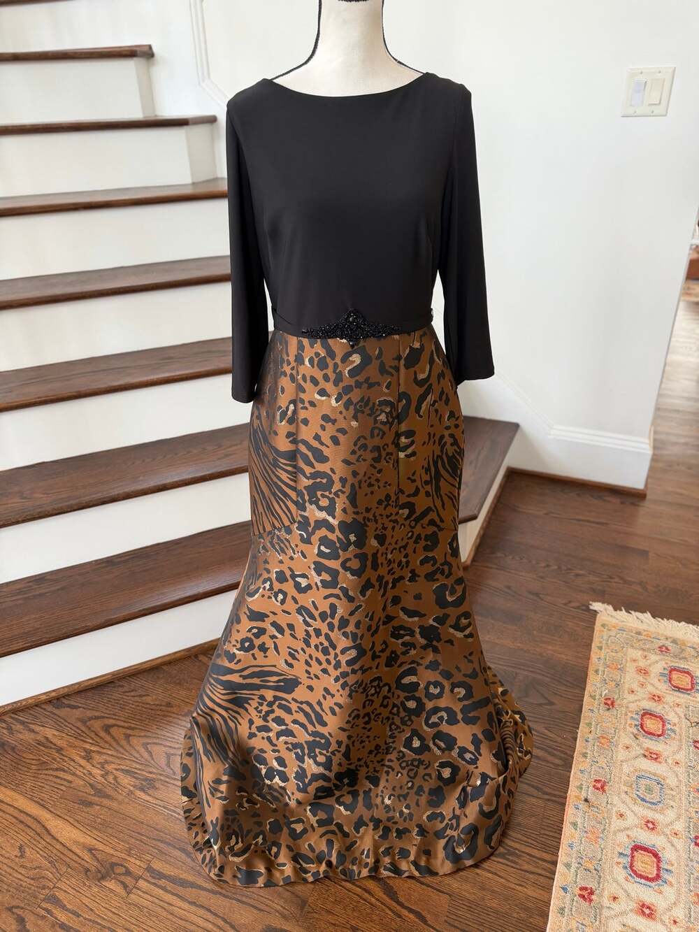 Eliza J Black Brown Gold Leopard Print Beaded Belt Mermaid Long Sleeve Gown